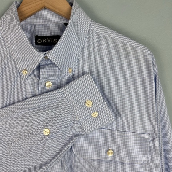 Orvis‎ Men's L Nylon Blend Blue Houndstooth Long Sleeve Performance Button Shirt - Picture 1 of 5